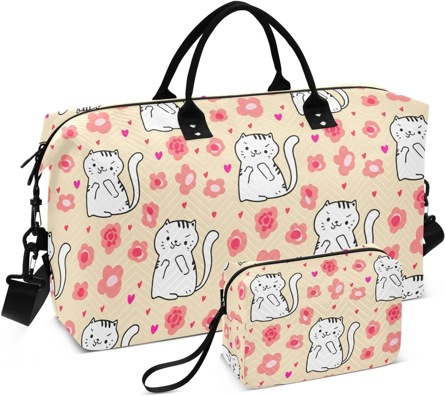 Cat Flower Hearts Beige Sports Gym Bag for Women Men Travel Duffel Bag Weekend Overnight Carry on Bag with Toiletry Bag Training Handbag for Plane Hospital Workout Swimming Yoga