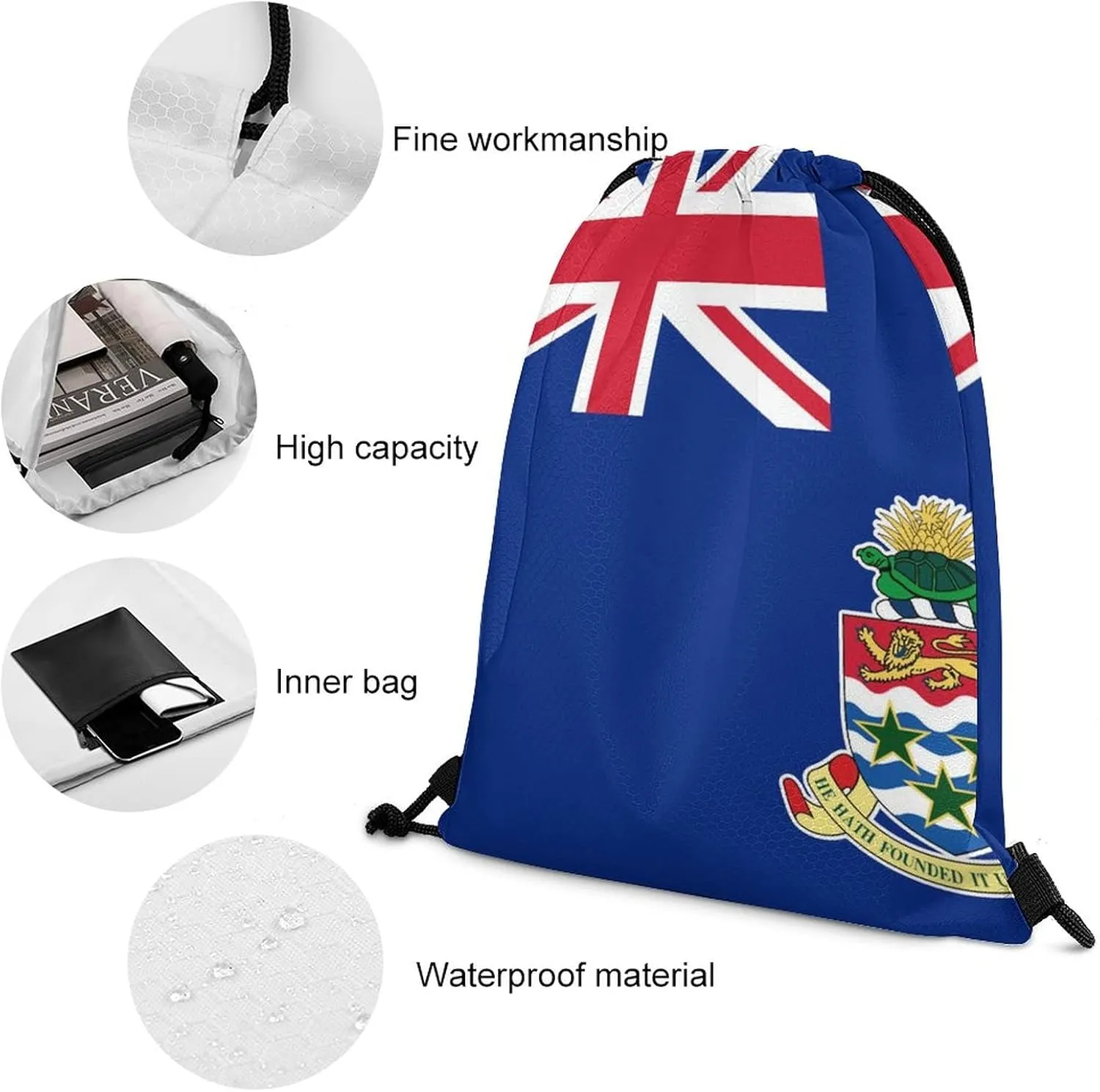 Cayman Islands Flag Drawstring Backpack Sports Gym Sackpack Water Resistant String Bag for Women Men