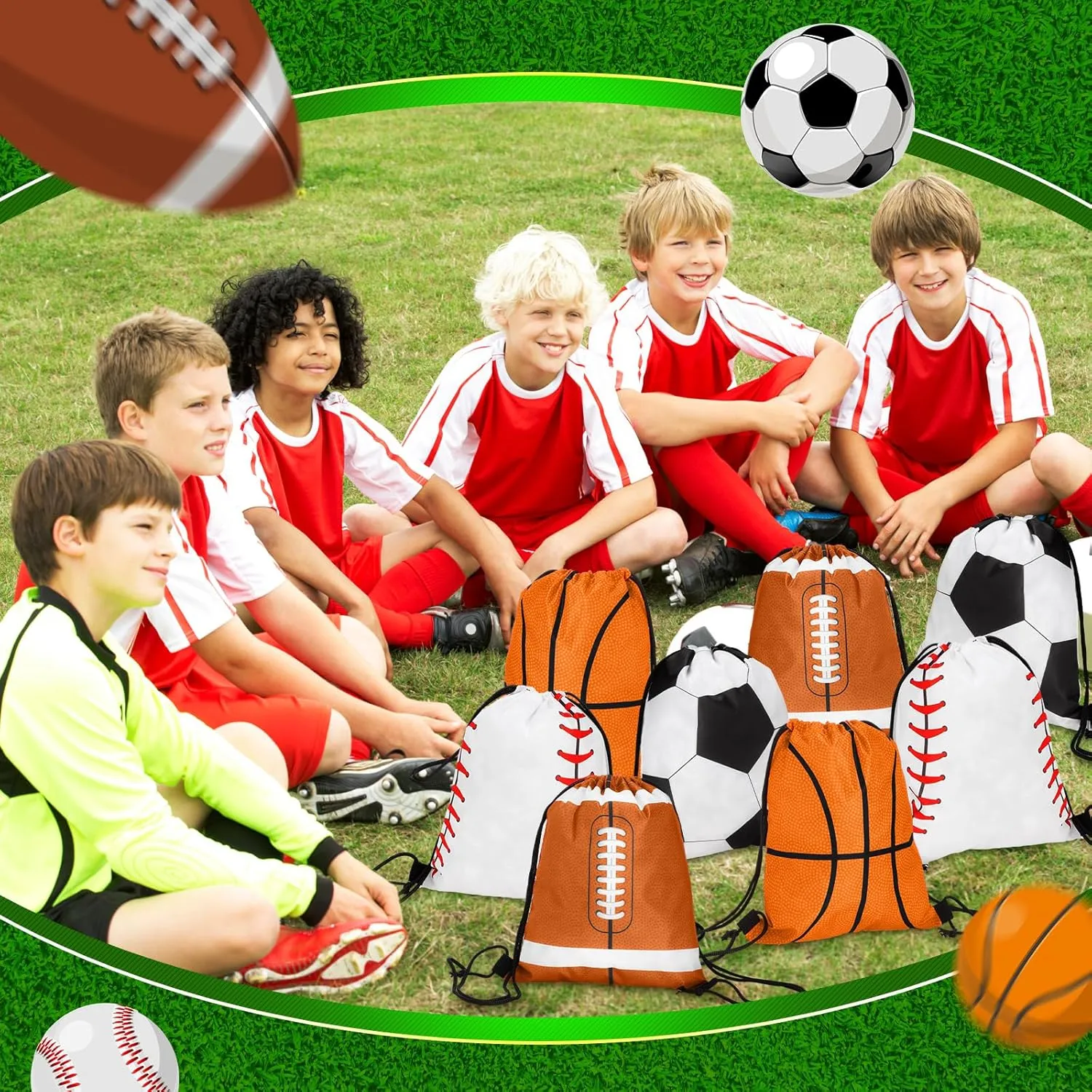 Censen 24 Pcs Drawstring Bags Set Bulk 12 x 10 Inch Waterproof Beach Pack for Soccer Baseball Basketball Football Gift Party (Sport Style)