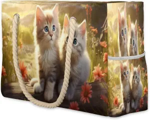 cfpolar Cute Kittens Flower Large Beach Bag, Waterproof Sandproof Beach Tote Bag with Zipper, Pool Bag for Women, Shoulder Bag for Gym Beach Travel Family Vacation Essentials