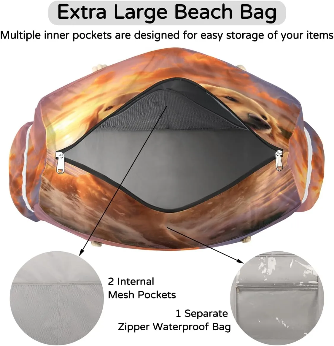 cfpolar Large Beach Bag, Waterproof Sandproof Beach Tote Bag with Zipper