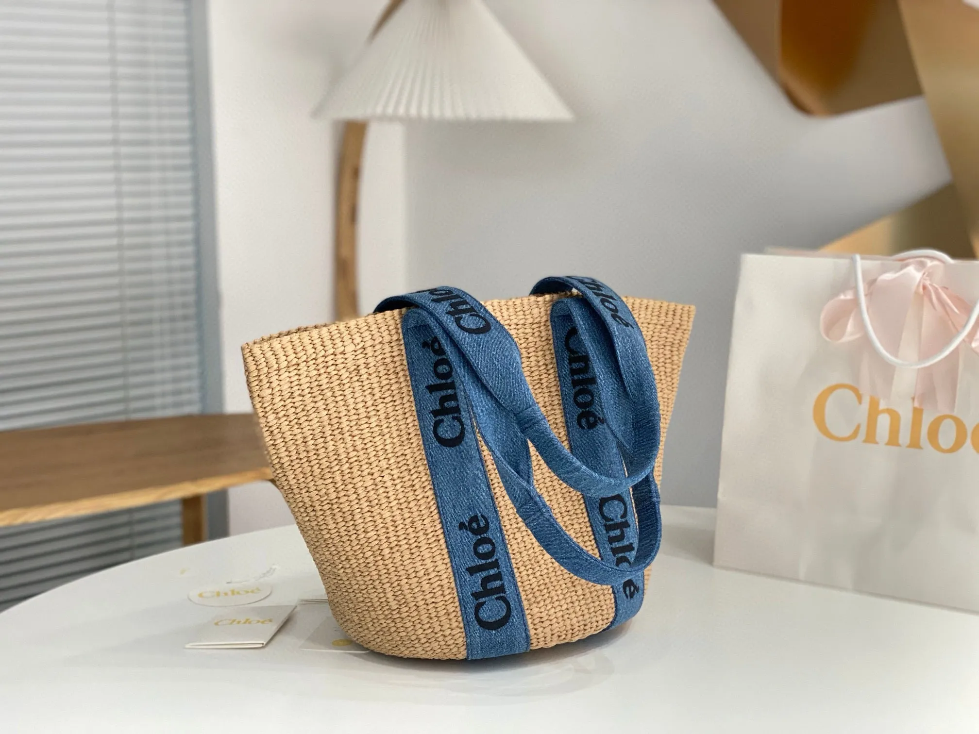 Ch!0é Woody Denim Raffia Tote