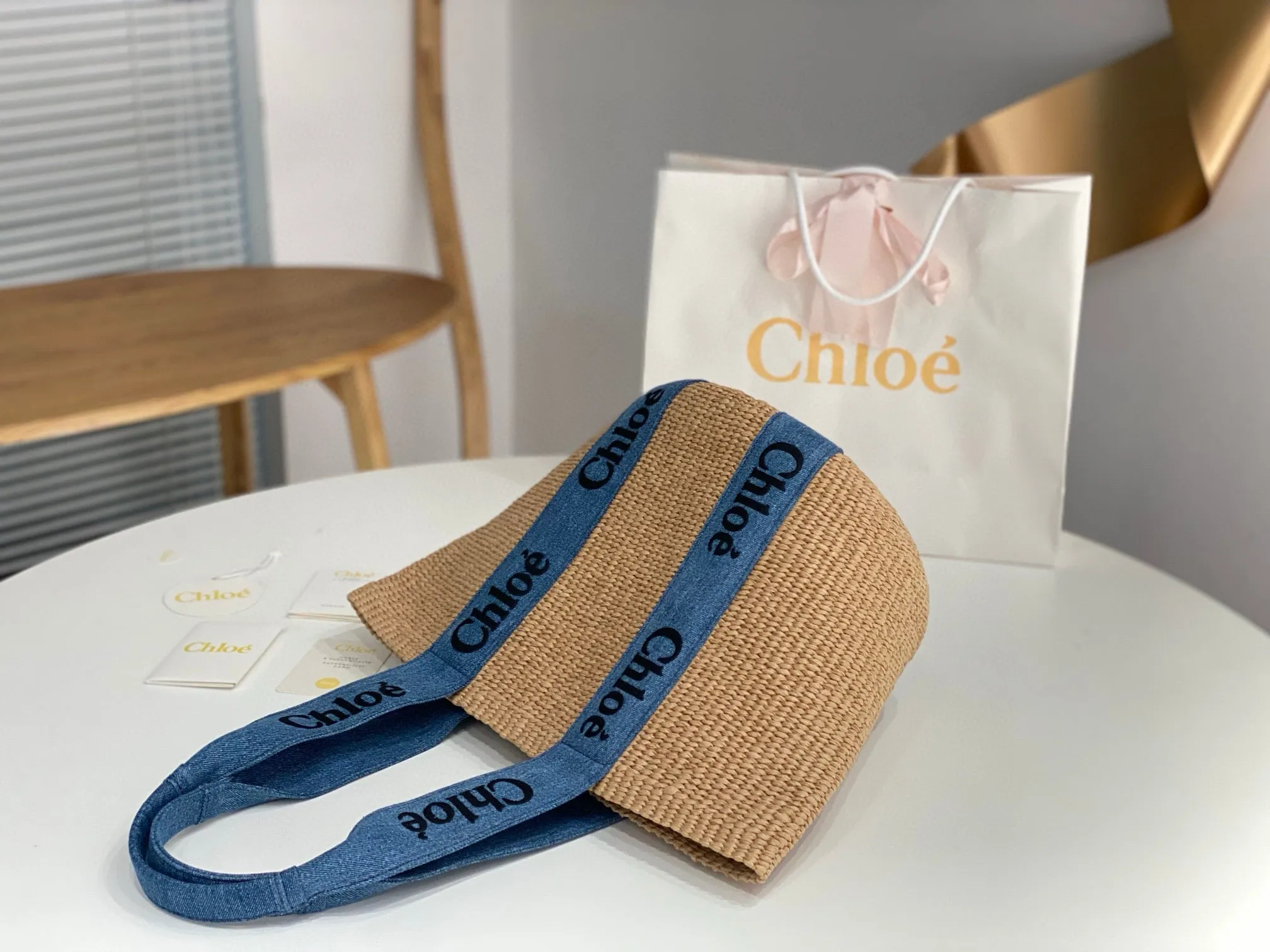 Ch!0é Woody Denim Raffia Tote