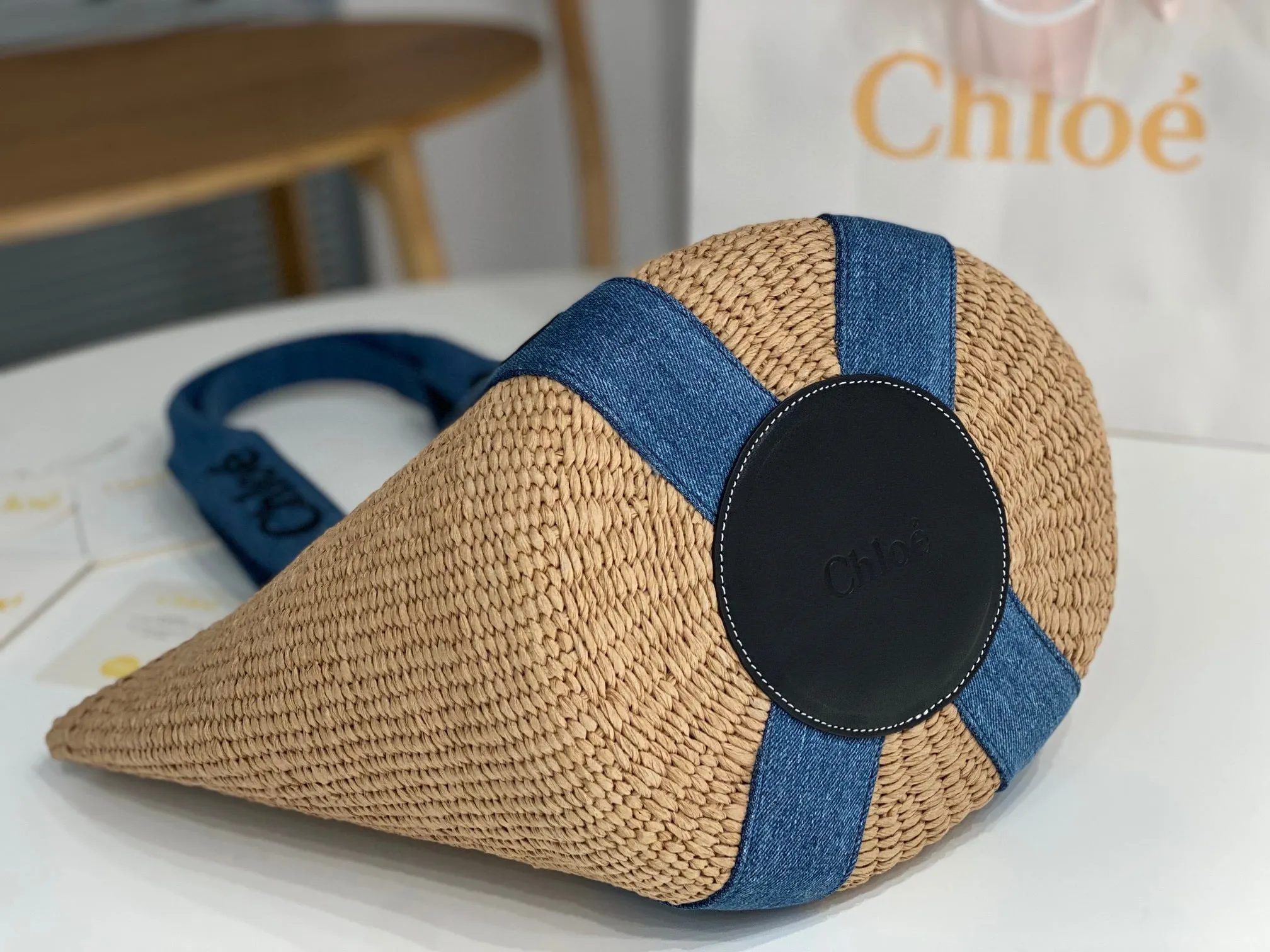 Ch!0é Woody Denim Raffia Tote