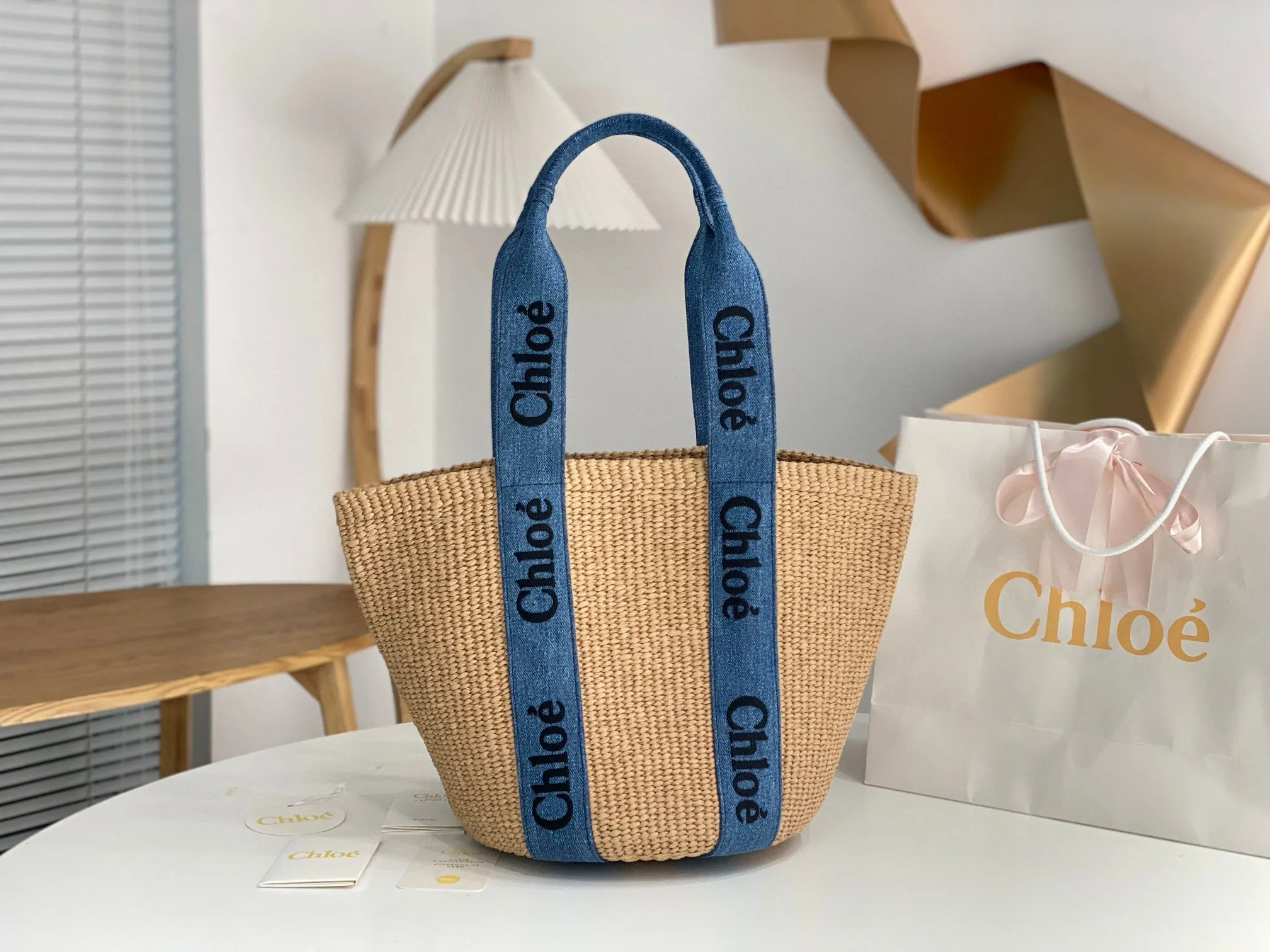 Ch!0é Woody Denim Raffia Tote