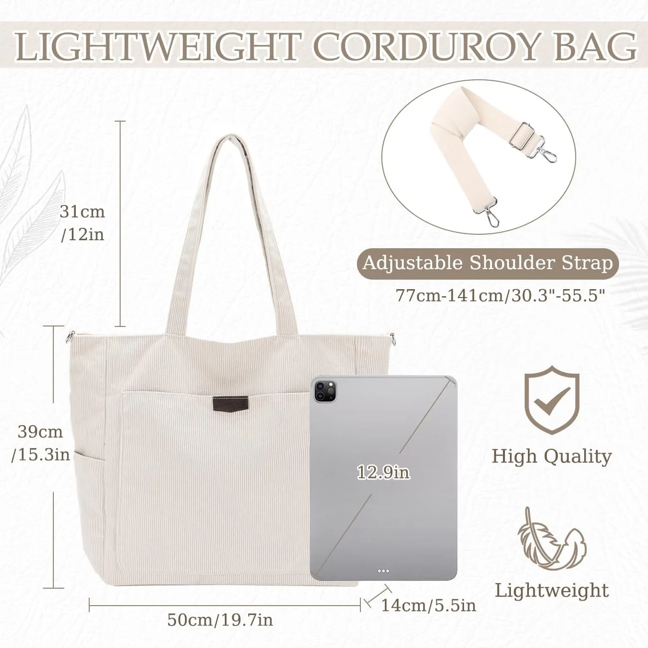 Chase Chic Corduroy Tote Bag for Women, Large Lightweight Shoulder Work Tote Crossbody Handbag for Girls