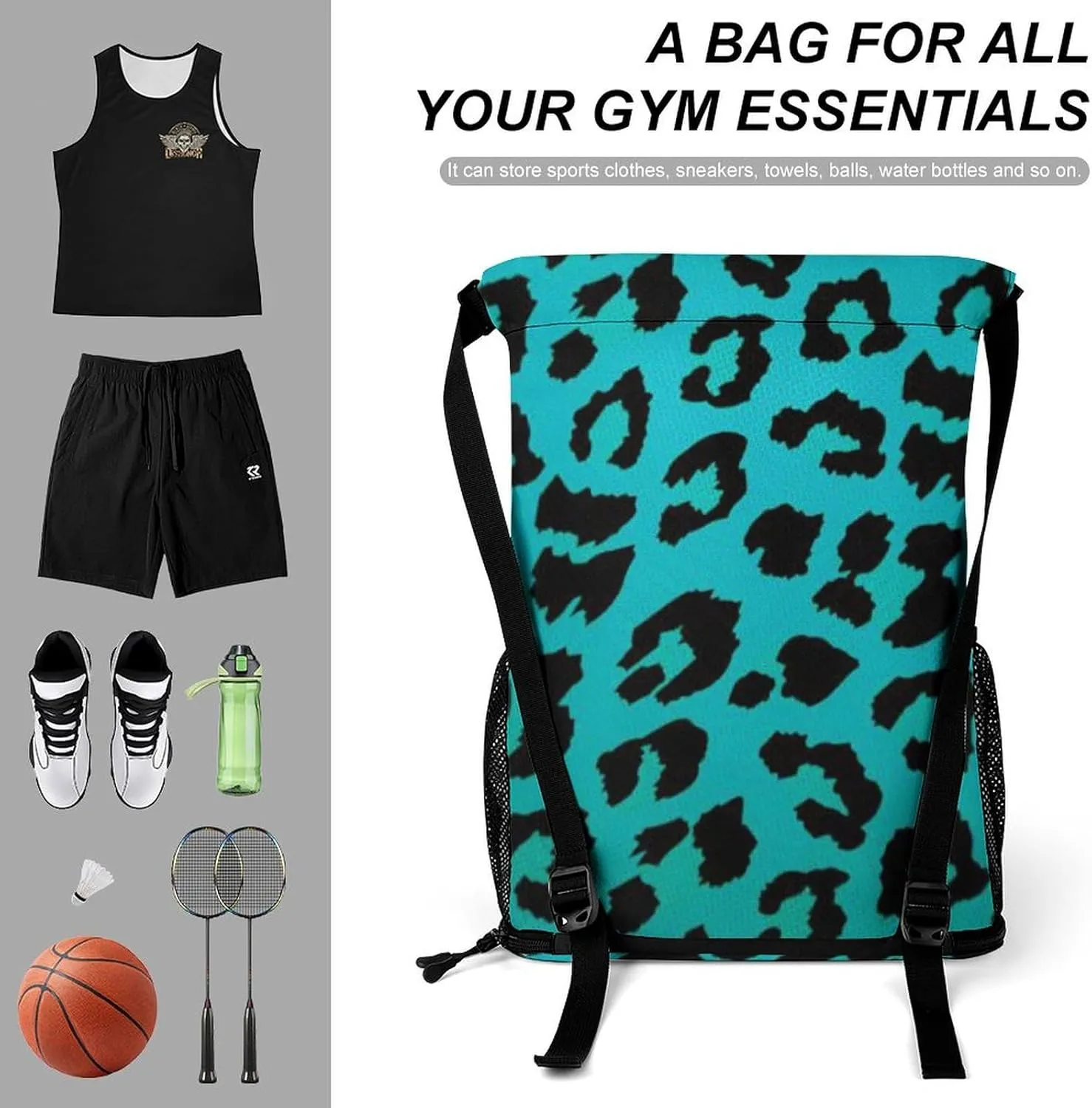 Cheetah Teal Mint Green Leopard Drawstring Bags Sports Bag Backpack Shoulder Bags For Men & Women