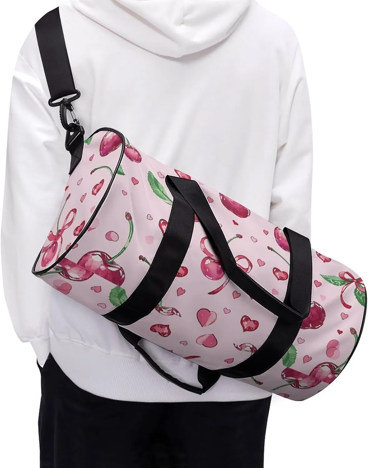 Cherry And Heart Shape Gym Bag Small Travel Duffle Bag with Compartment Carry On Weekender Bag for Women Men