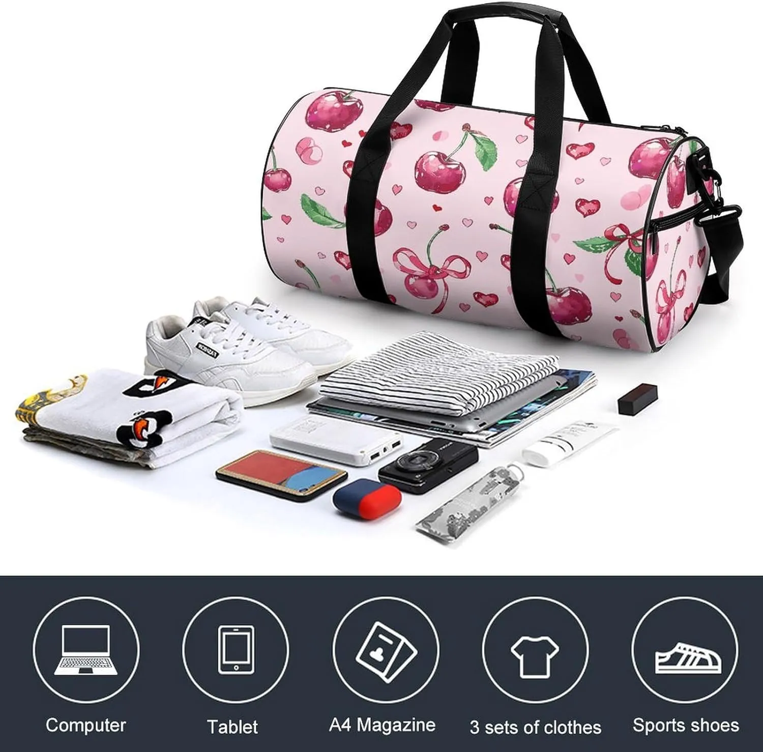 Cherry And Heart Shape Gym Bag Small Travel Duffle Bag with Compartment Carry On Weekender Bag for Women Men