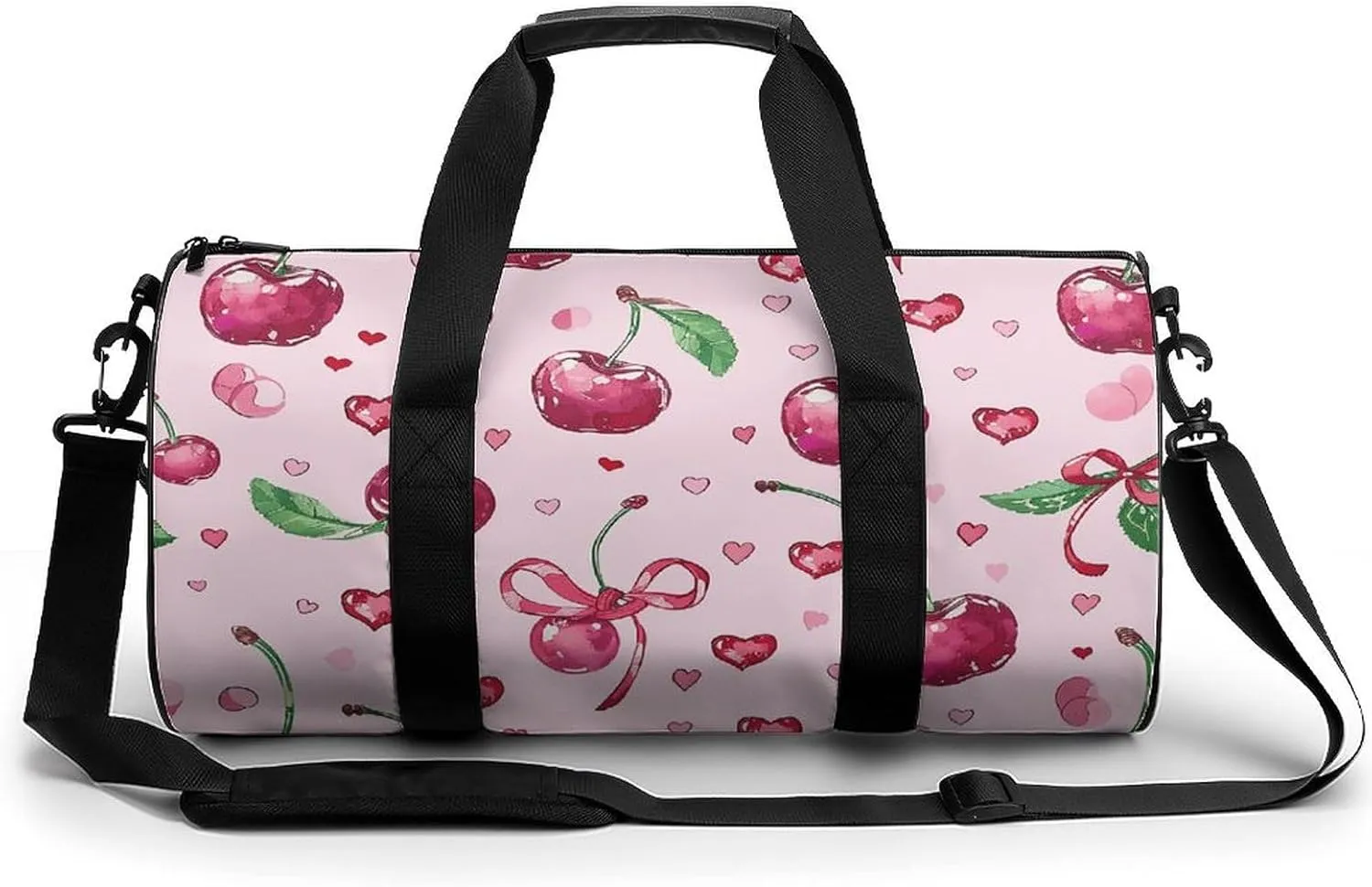 Cherry And Heart Shape Gym Bag Small Travel Duffle Bag with Compartment Carry On Weekender Bag for Women Men