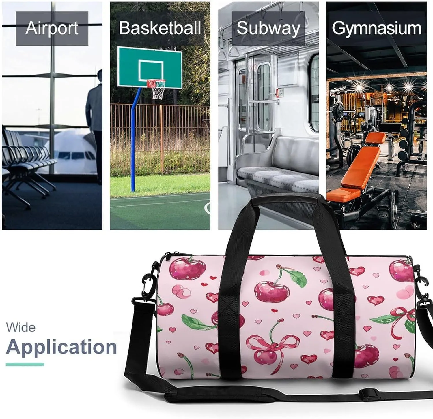 Cherry And Heart Shape Gym Bag Small Travel Duffle Bag with Compartment Carry On Weekender Bag for Women Men