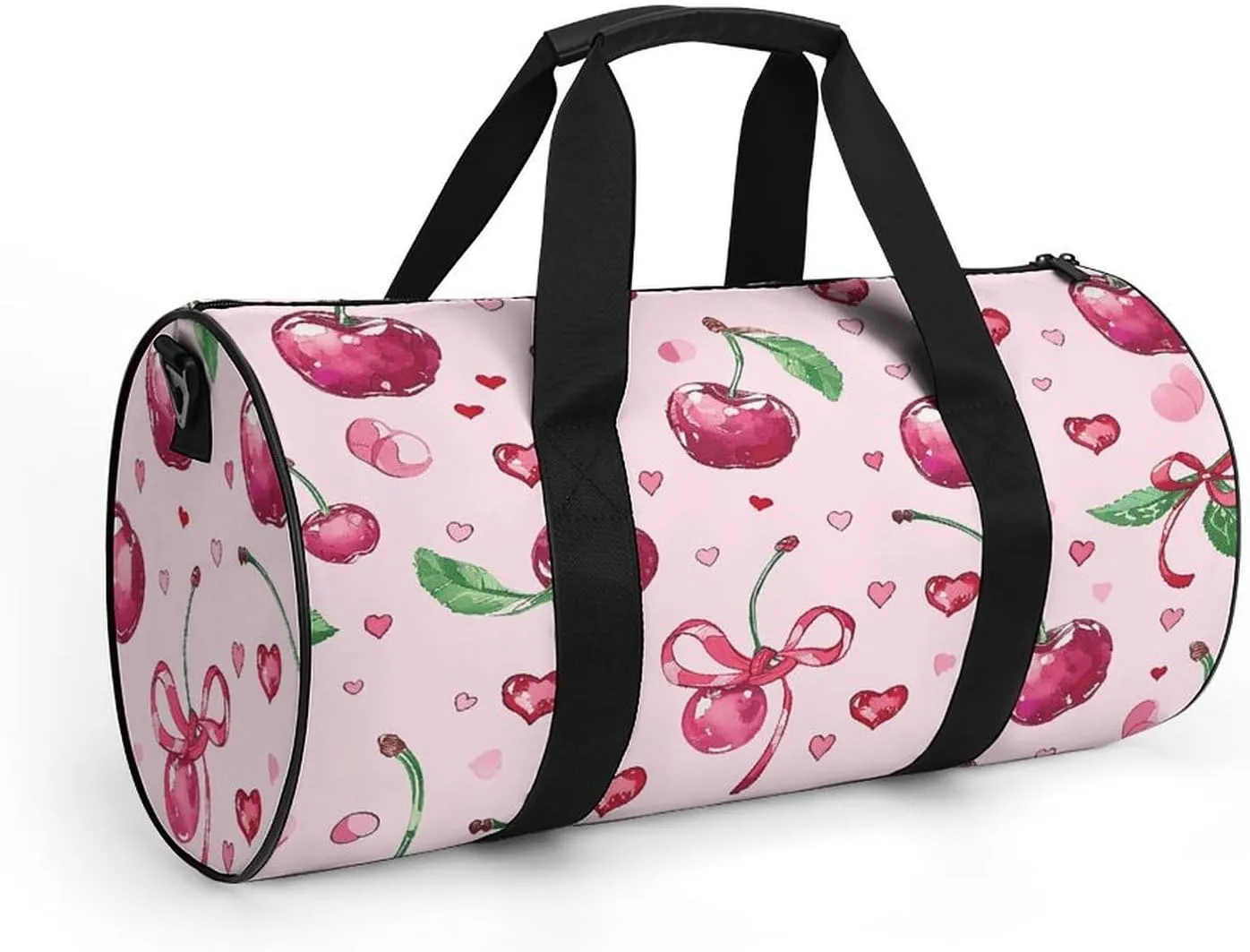Cherry And Heart Shape Gym Bag Small Travel Duffle Bag with Compartment Carry On Weekender Bag for Women Men