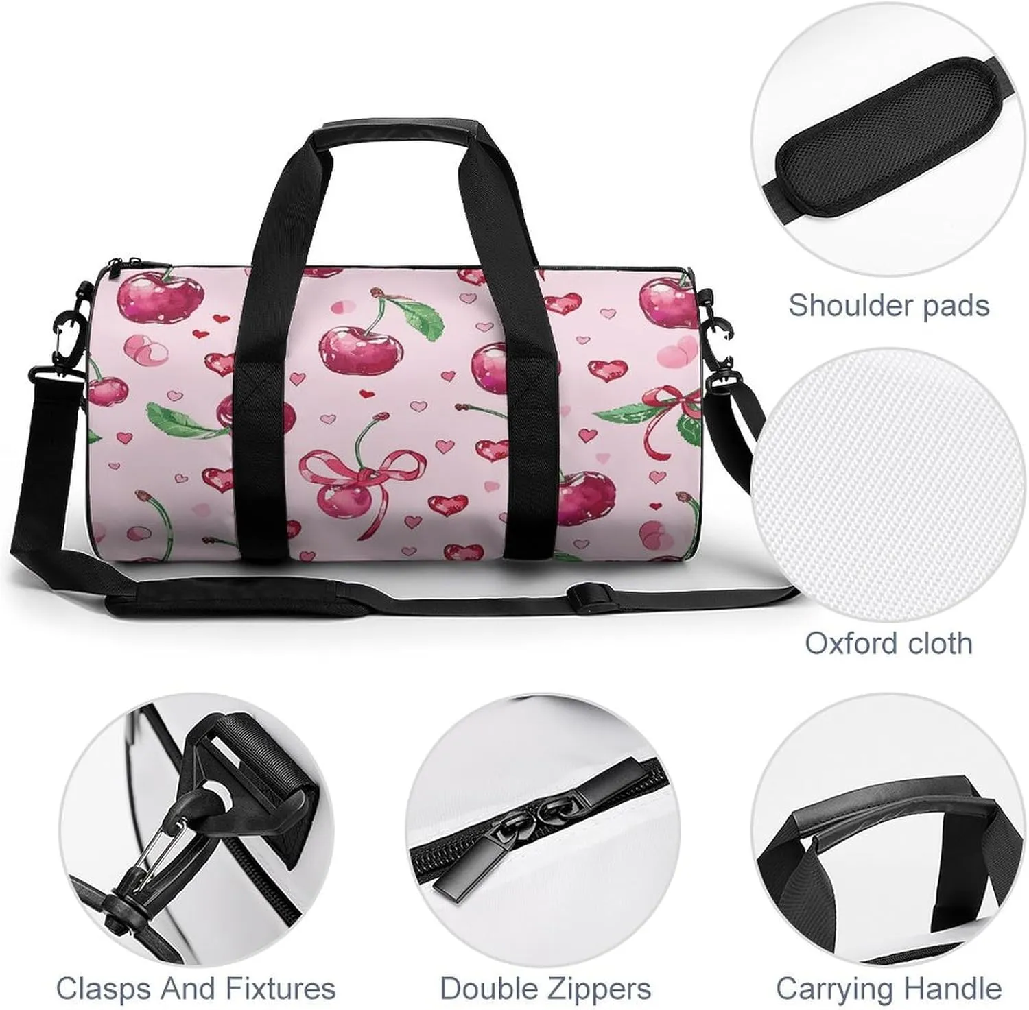 Cherry And Heart Shape Gym Bag Small Travel Duffle Bag with Compartment Carry On Weekender Bag for Women Men