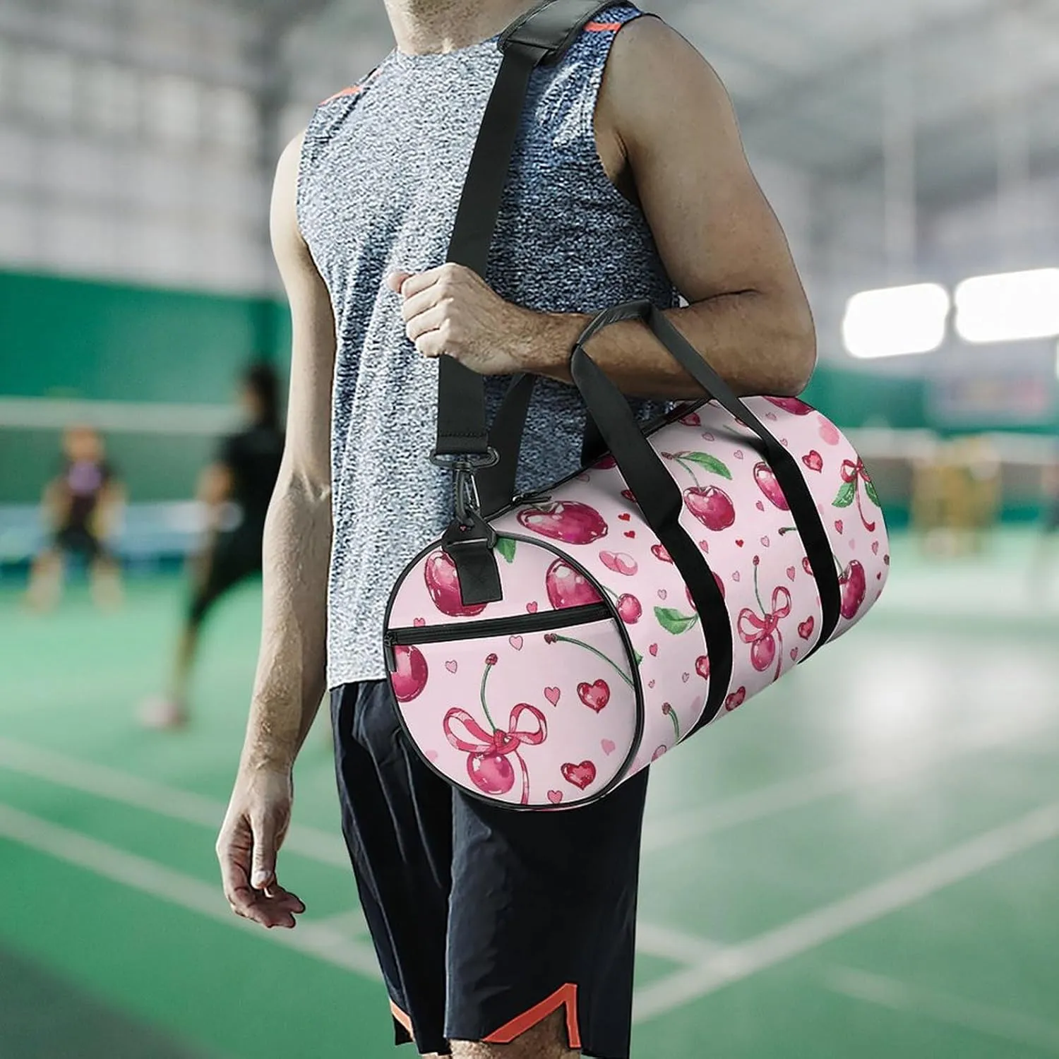 Cherry And Heart Shape Gym Bag Small Travel Duffle Bag with Compartment Carry On Weekender Bag for Women Men