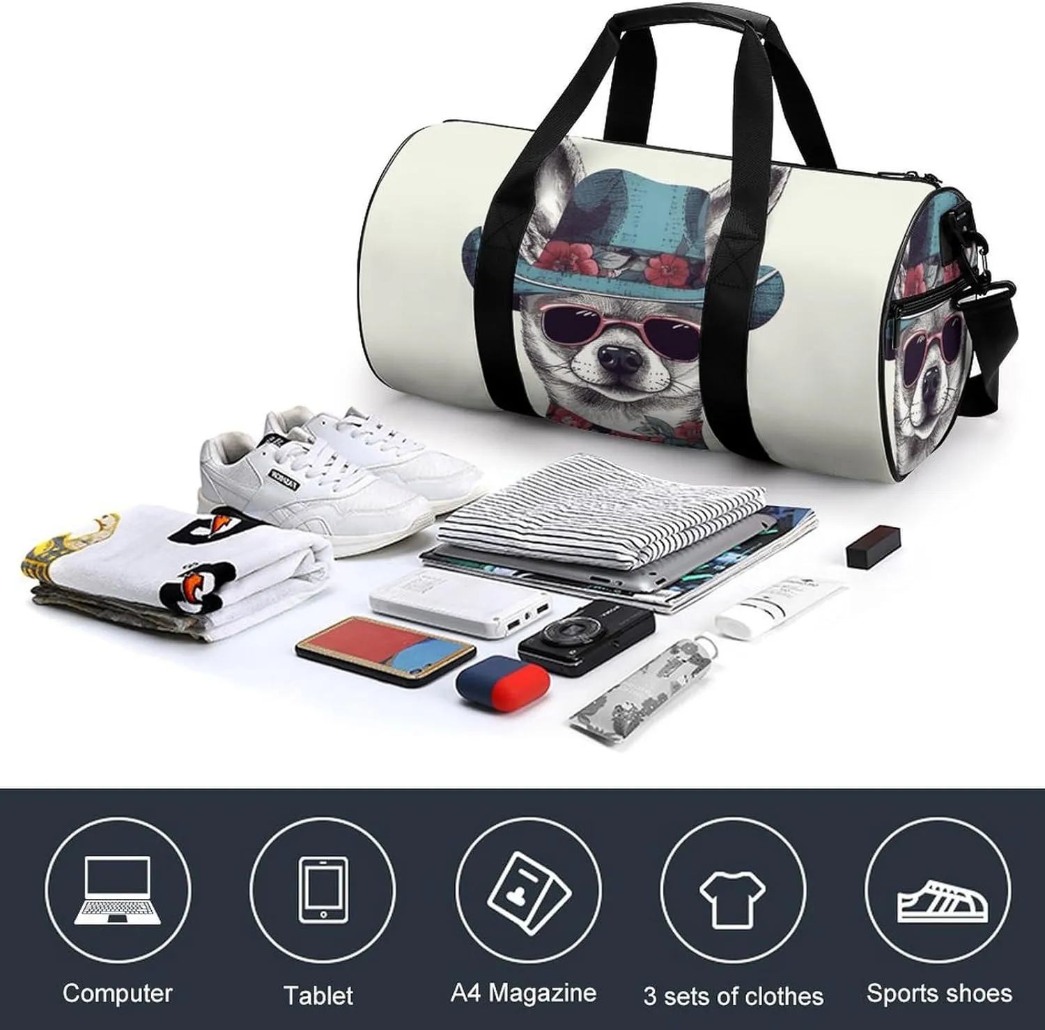 Chihuahua Dog Wearing Hat Gym Bag Small Travel Duffle Bag with Compartment Carry On Weekender Bag for Women Men