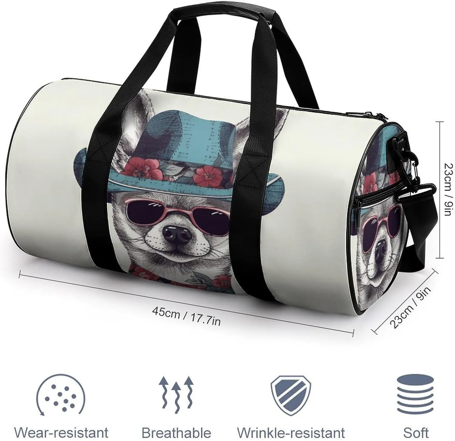 Chihuahua Dog Wearing Hat Gym Bag Small Travel Duffle Bag with Compartment Carry On Weekender Bag for Women Men