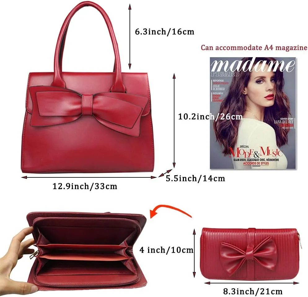 Chikencall Women Big Bow-Knot Tote Handbags Bow Tie Leisure 2 Pcs Set Purses Top-Handle Cross-body Shoulder Bag Clutch Wallet