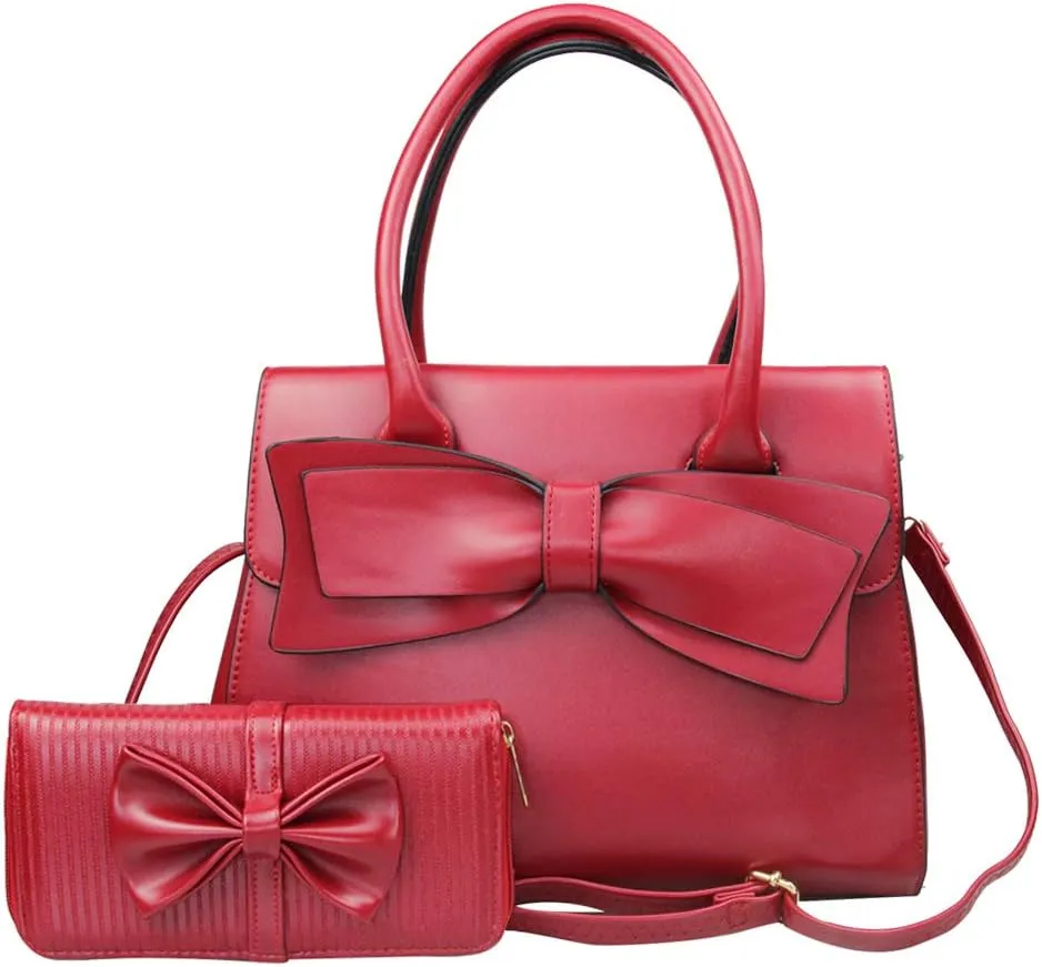 Chikencall Women Big Bow-Knot Tote Handbags Bow Tie Leisure 2 Pcs Set Purses Top-Handle Cross-body Shoulder Bag Clutch Wallet