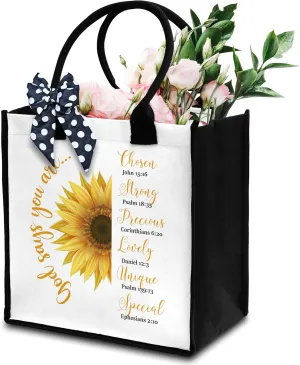 Christian Tote Bag For Women, God Says You Are Tote, Bible Verse Canvas Tote Bag For Traveling Shopping, Sunflower Shoulder Bag With Ribbon, Religious Gifts For Women Friend Coworker -16
