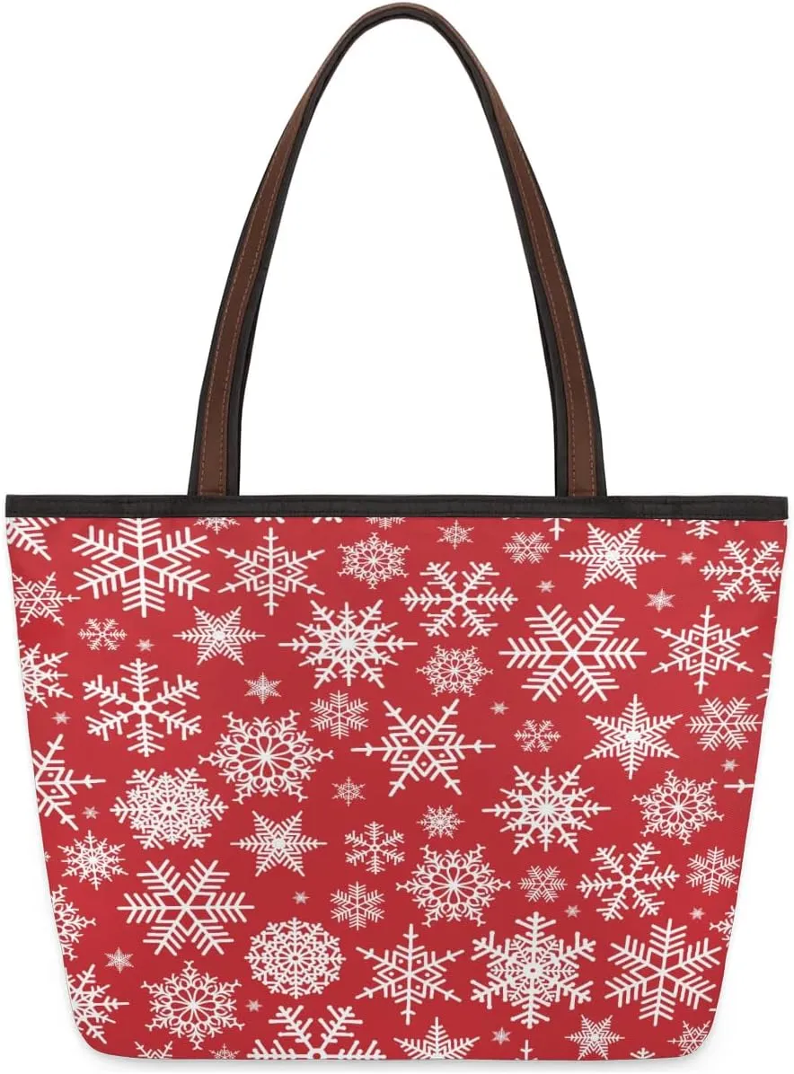 Christmas Snowflake Pattern Tote Bag Tote for Women Zipper Womens Handbags Tote Bag for Work Shopping Travel