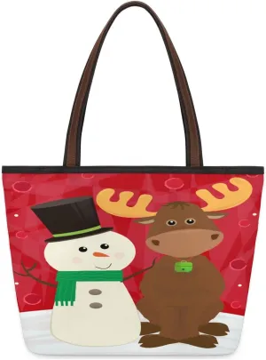 Christmas Snowman Moose Tote Bag Tote for Women Zipper Womens Handbags Tote Bag for Work Shopping Travel