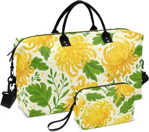 Chrysanthemum Leaves Floral Sports Gym Bag for Women Men Travel Duffel Bag Weekend Overnight Carry on Bag with Toiletry Bag Training Handbag for Hospital Plane Swimming Yoga Workout