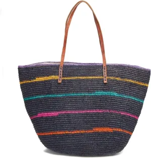 Cielo Striped Crocheted Raffia Straw Carryall Tote Bag, Navy Multi