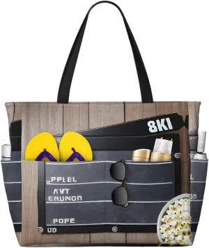 Cinema Movie Clapboard And Popcorn Large Capacity Beach Travel Bag - Waterproof Zipper Vacation Tote for Sandproof Storage, and Camping, SB-122