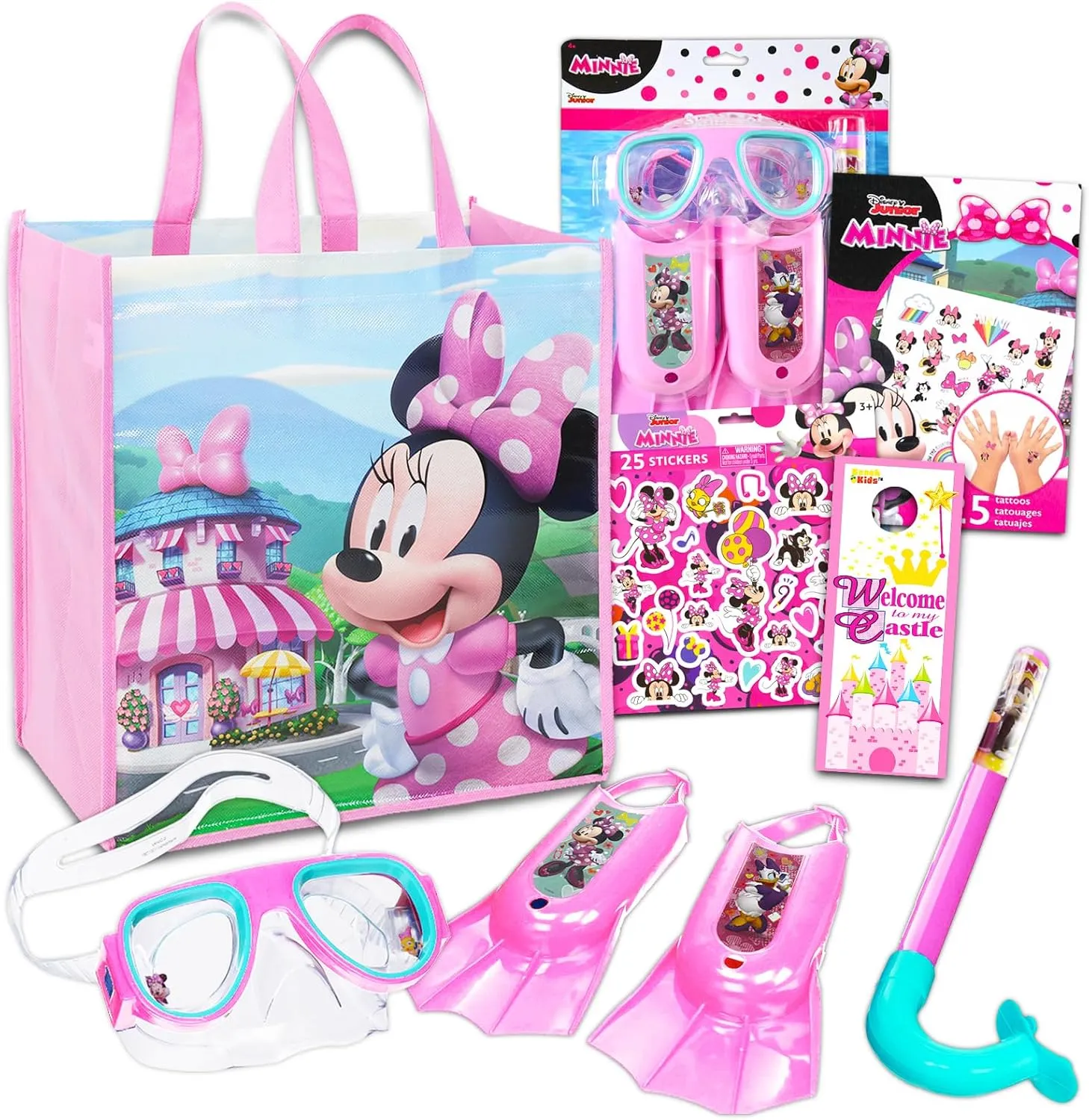 Classic Disney Minnie Mouse Swim Set Bundle for Toddlers, Kids, Boys, Girls - Snorkel with Goggles, Flippers, Snorkel, and Tote Bag | Includes Additional Stickers, Tattoos More sea