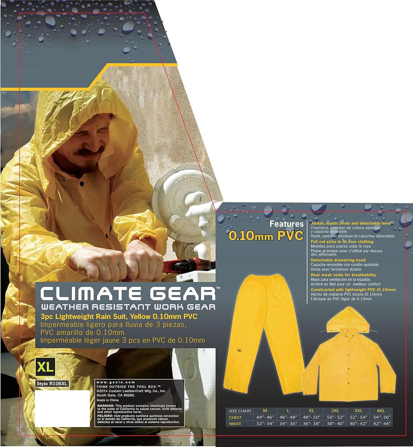 CLC Custom Leathercraft Rain Wear R1062X .10MM 3-Piece PVC Rain Suit, 2XL