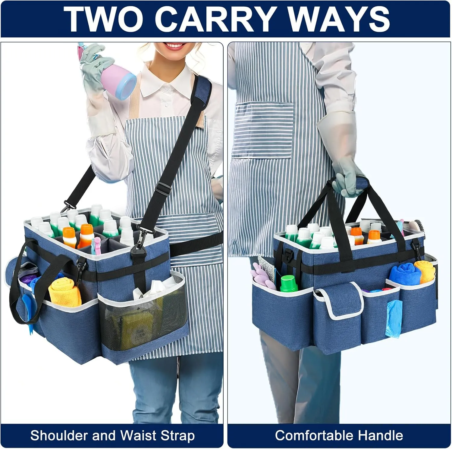 Cleaning Caddy Bag,Large Cleaning Supplies Organizer with Handle for Housekeepers, Blue