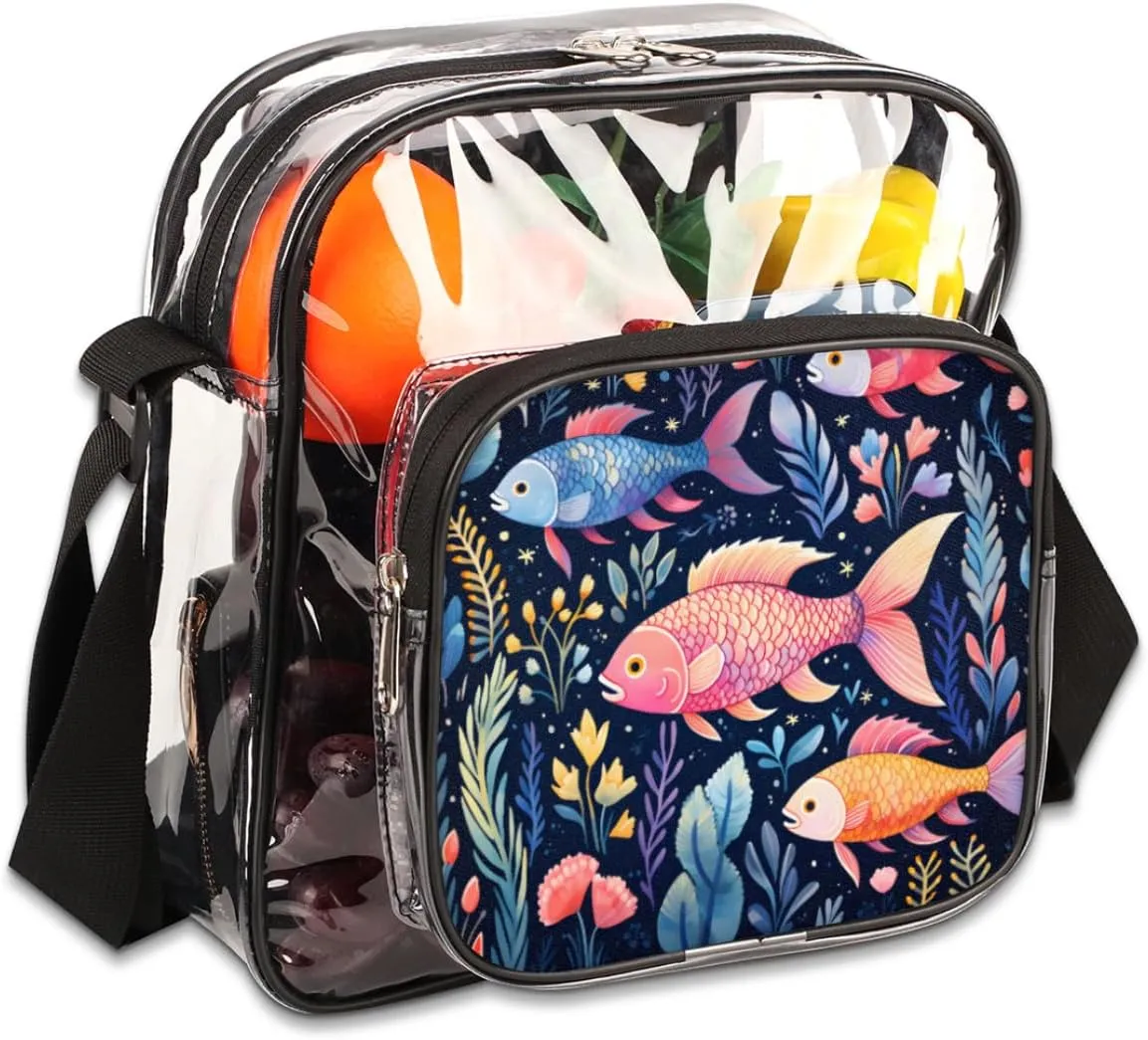 Clear Crossbody Bag Stadium Approved Fish Transparent Bag for Festivals, Sports Events, Concerts,Beach Bag for Women Men Ocean Seaweed Clear Purse with Front Pocket Messenger Bag with Adjustable Strap