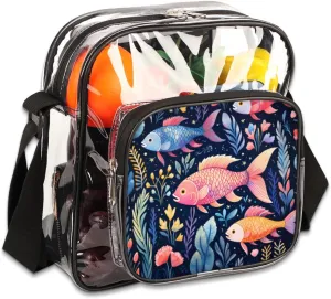 Clear Crossbody Bag Stadium Approved Fish Transparent Bag for Festivals, Sports Events, Concerts,Beach Bag for Women Men Ocean Seaweed Clear Purse with Front Pocket Messenger Bag with Adjustable Strap