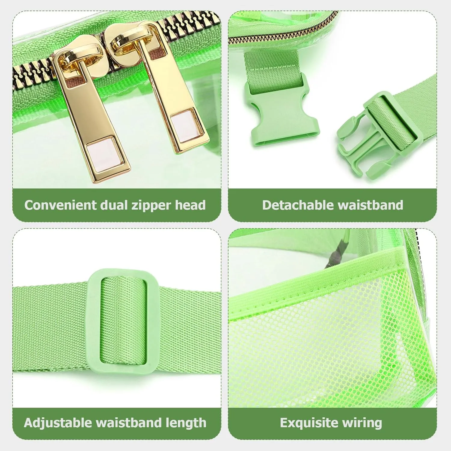 Clear Fanny Pack Belt Bag Stadium Approved for Women Men with Adjustable Strap Water-resistant Waist bag Clear Purse for Travel Workout Running Hiking(Fluorescent Green)