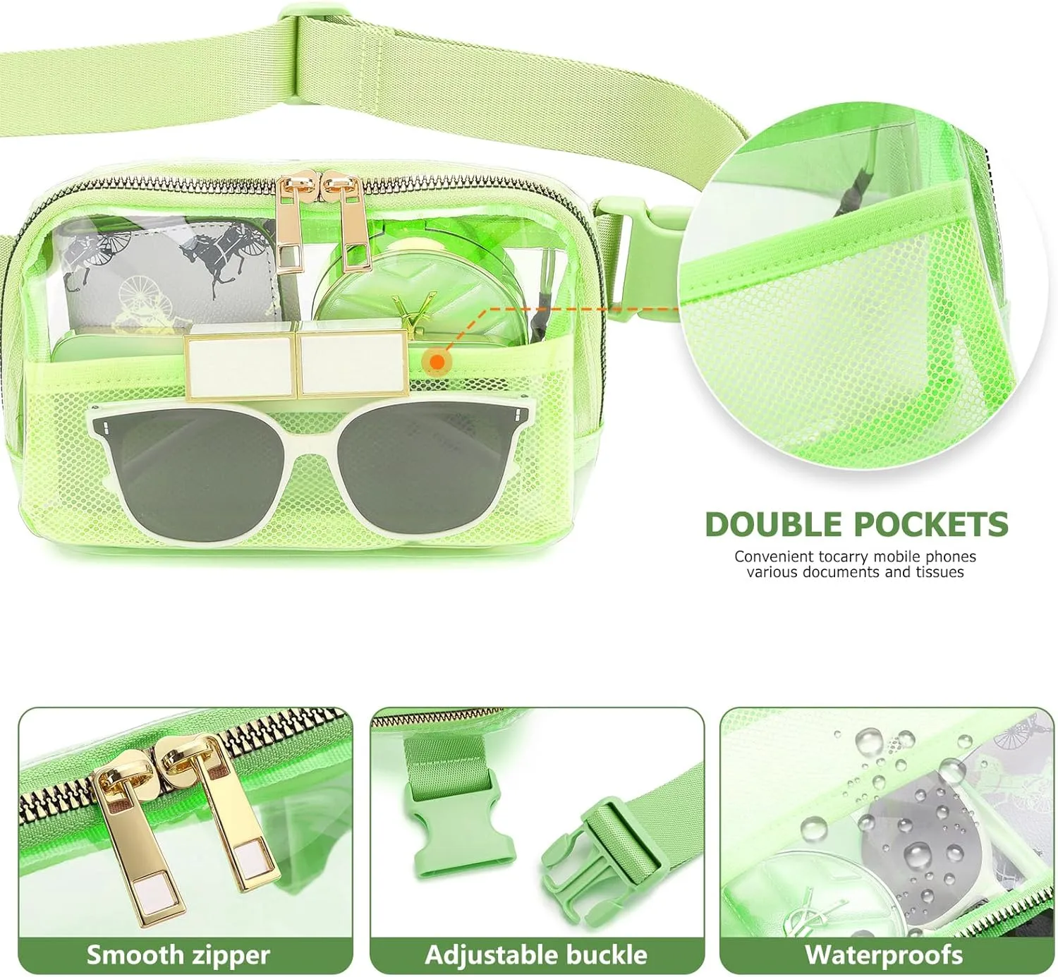 Clear Fanny Pack Belt Bag Stadium Approved for Women Men with Adjustable Strap Water-resistant Waist bag Clear Purse for Travel Workout Running Hiking(Fluorescent Green)