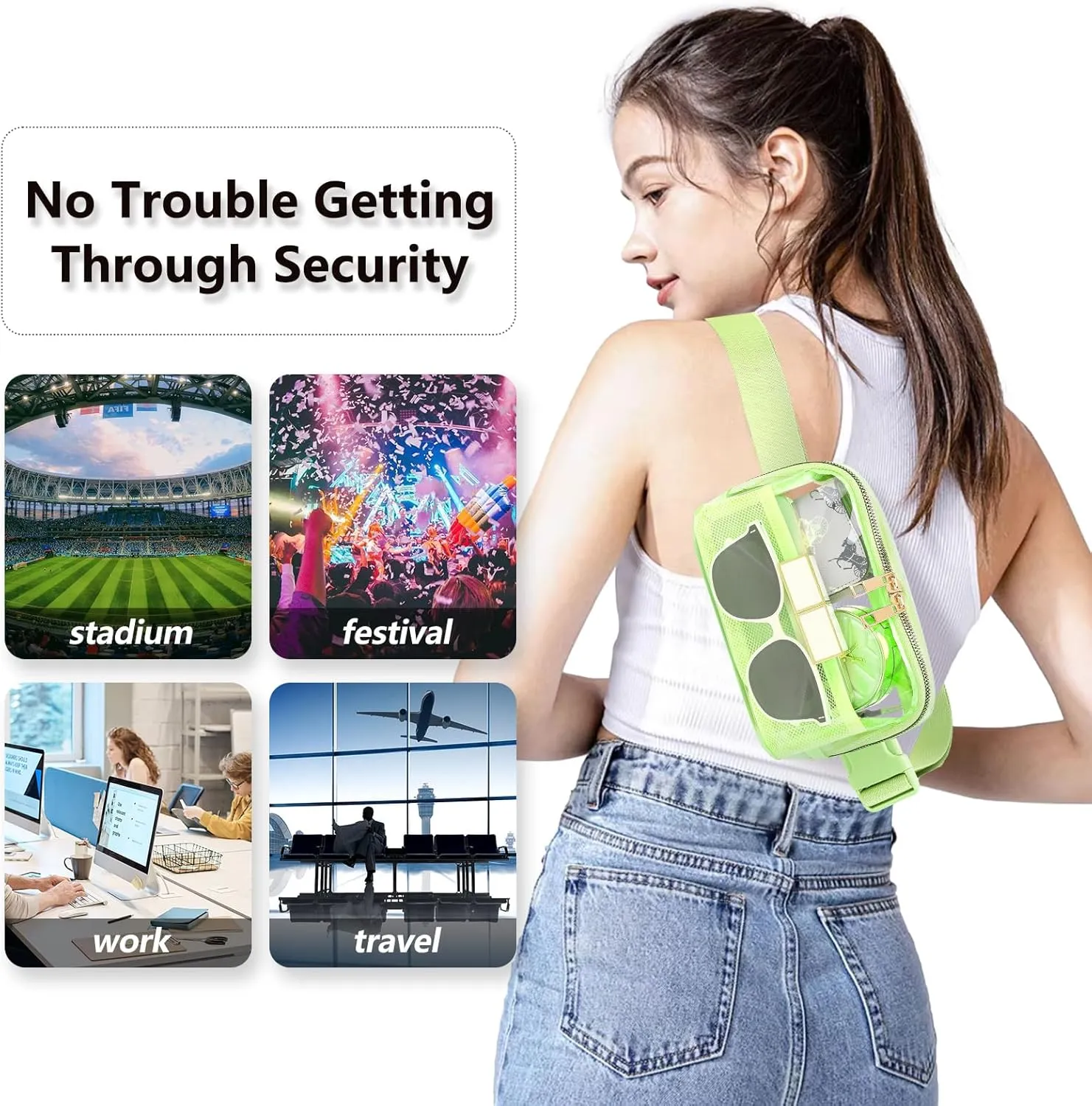 Clear Fanny Pack Belt Bag Stadium Approved for Women Men with Adjustable Strap Water-resistant Waist bag Clear Purse for Travel Workout Running Hiking(Fluorescent Green)
