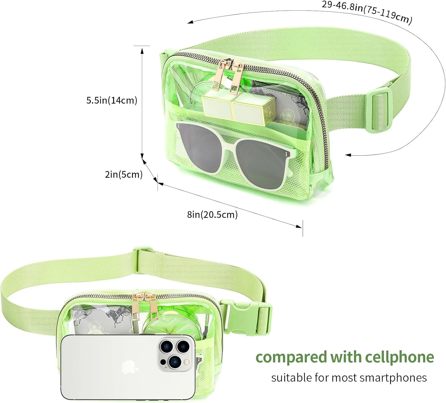 Clear Fanny Pack Belt Bag Stadium Approved for Women Men with Adjustable Strap Water-resistant Waist bag Clear Purse for Travel Workout Running Hiking(Fluorescent Green)