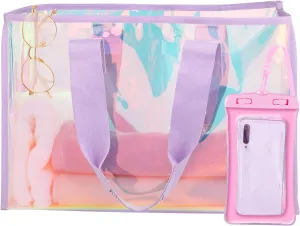 Clear Large Tote Bag for Women 26L Waterproof Iridescent Shoulder Handbags for Work Gym Pool Cruise Beach with Phone Pouch