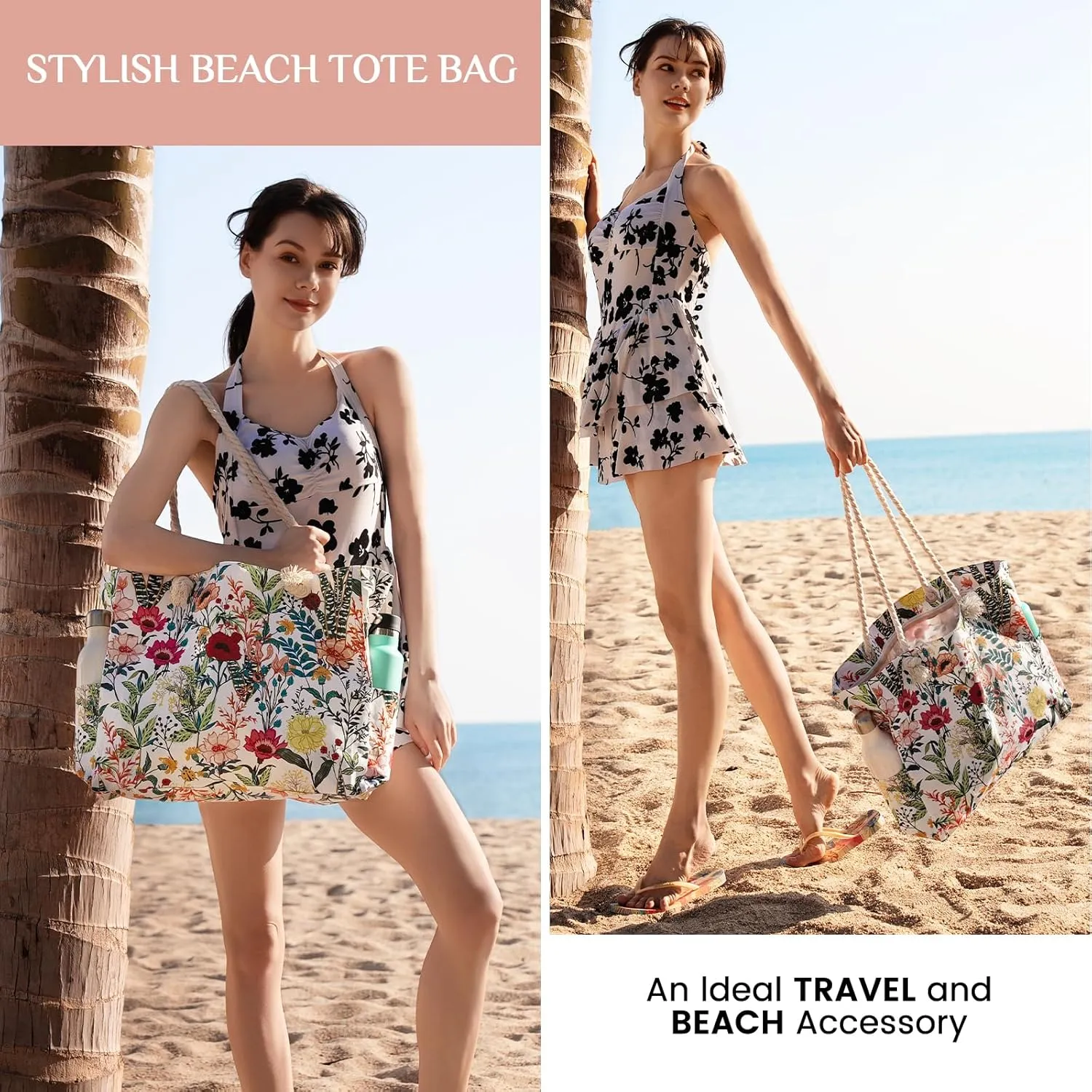 Clothirily Beach Bag for Women - Large Beach Tote Bag, Waterproof Sandproof Beach Bag with Zipper, Large Swim Pool Beach Tote