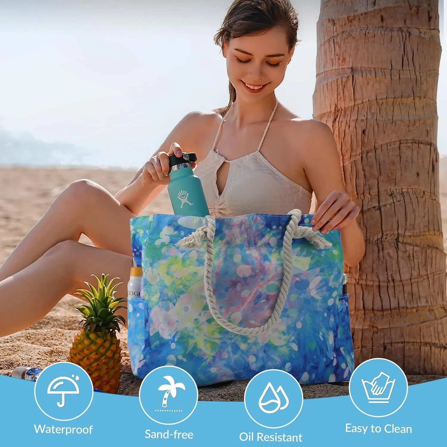 Clothirily Beach Bag for Women - Large Beach Tote Bag, Waterproof Sandproof Beach Bag with Zipper, Large Swim Pool Beach Tote