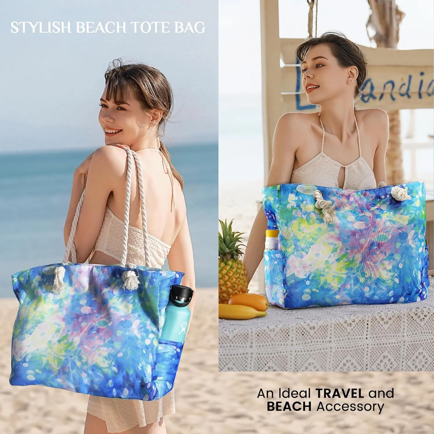 Clothirily Beach Bag for Women - Large Beach Tote Bag, Waterproof Sandproof Beach Bag with Zipper, Large Swim Pool Beach Tote