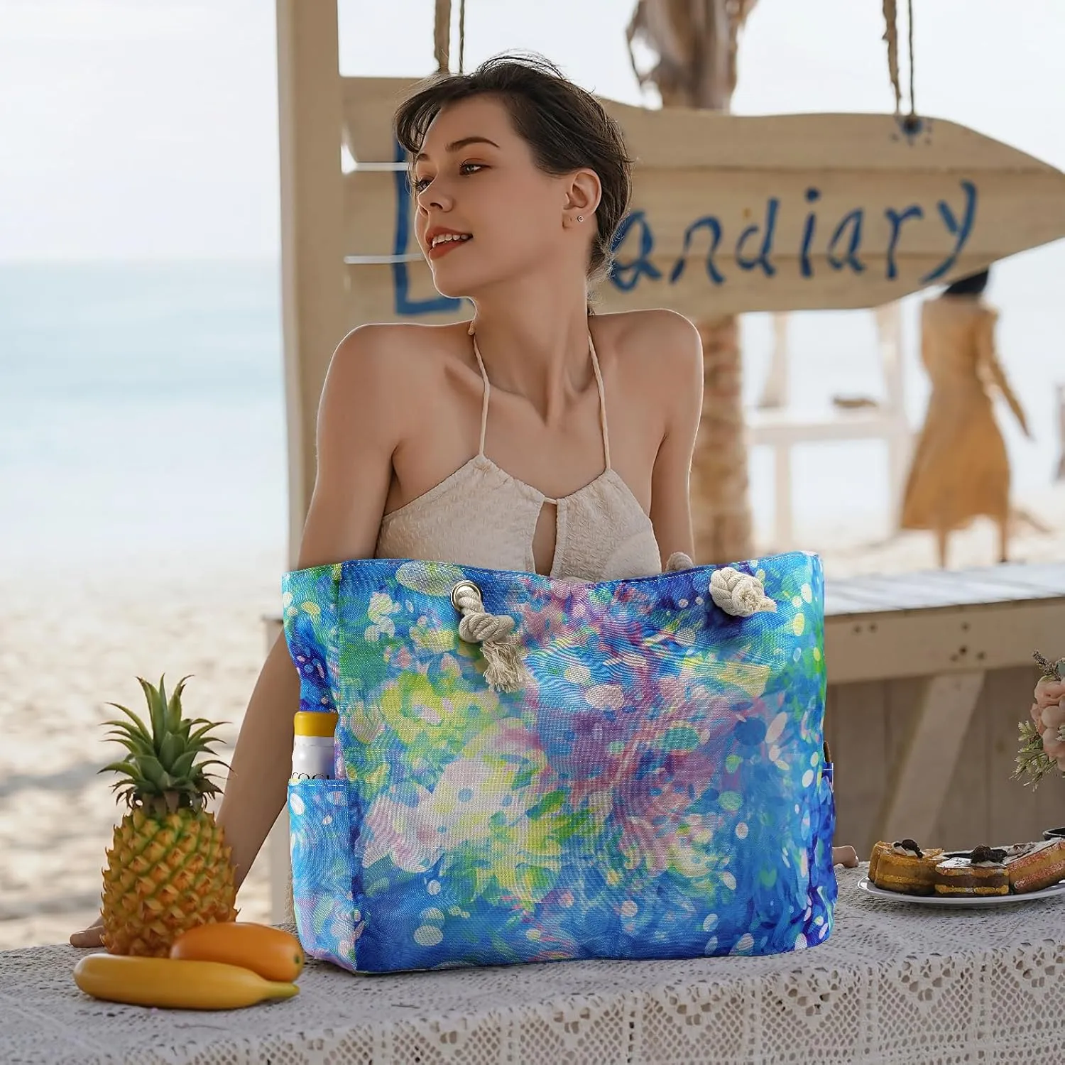 Clothirily Beach Bag for Women - Large Beach Tote Bag, Waterproof Sandproof Beach Bag with Zipper, Large Swim Pool Beach Tote