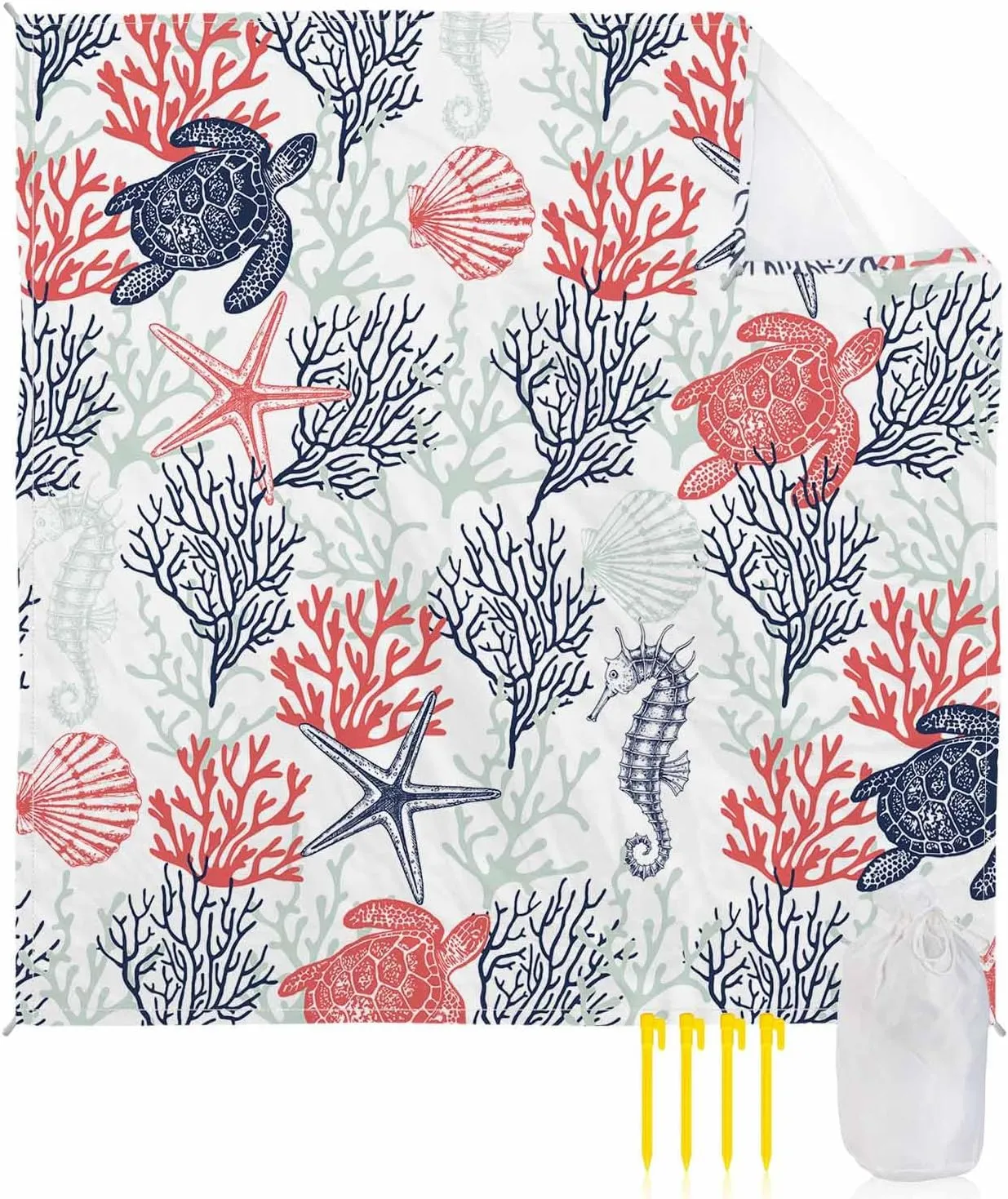 Coastal Sea Turtle Beach Blanket Large with Stakes Waterproof Sandproof Beach Mat with Corner Pockets for Outdoor Travel Camping Hiking Picnic Essentials,Coastal Ocean Coral Shell Seahorse 95"x80"