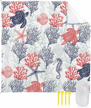 Coastal Sea Turtle Beach Blanket Large with Stakes Waterproof Sandproof Beach Mat with Corner Pockets for Outdoor Travel Camping Hiking Picnic Essentials,Coastal Ocean Coral Shell Seahorse 95"x80"