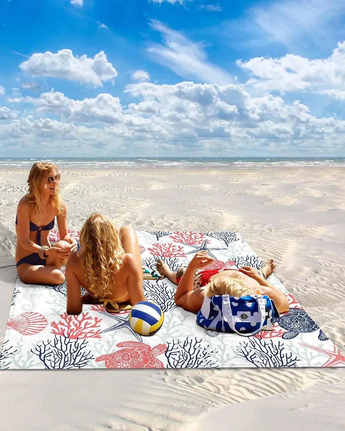 Coastal Sea Turtle Beach Blanket Large with Stakes Waterproof Sandproof Beach Mat with Corner Pockets for Outdoor Travel Camping Hiking Picnic Essentials,Coastal Ocean Coral Shell Seahorse 95"x80"