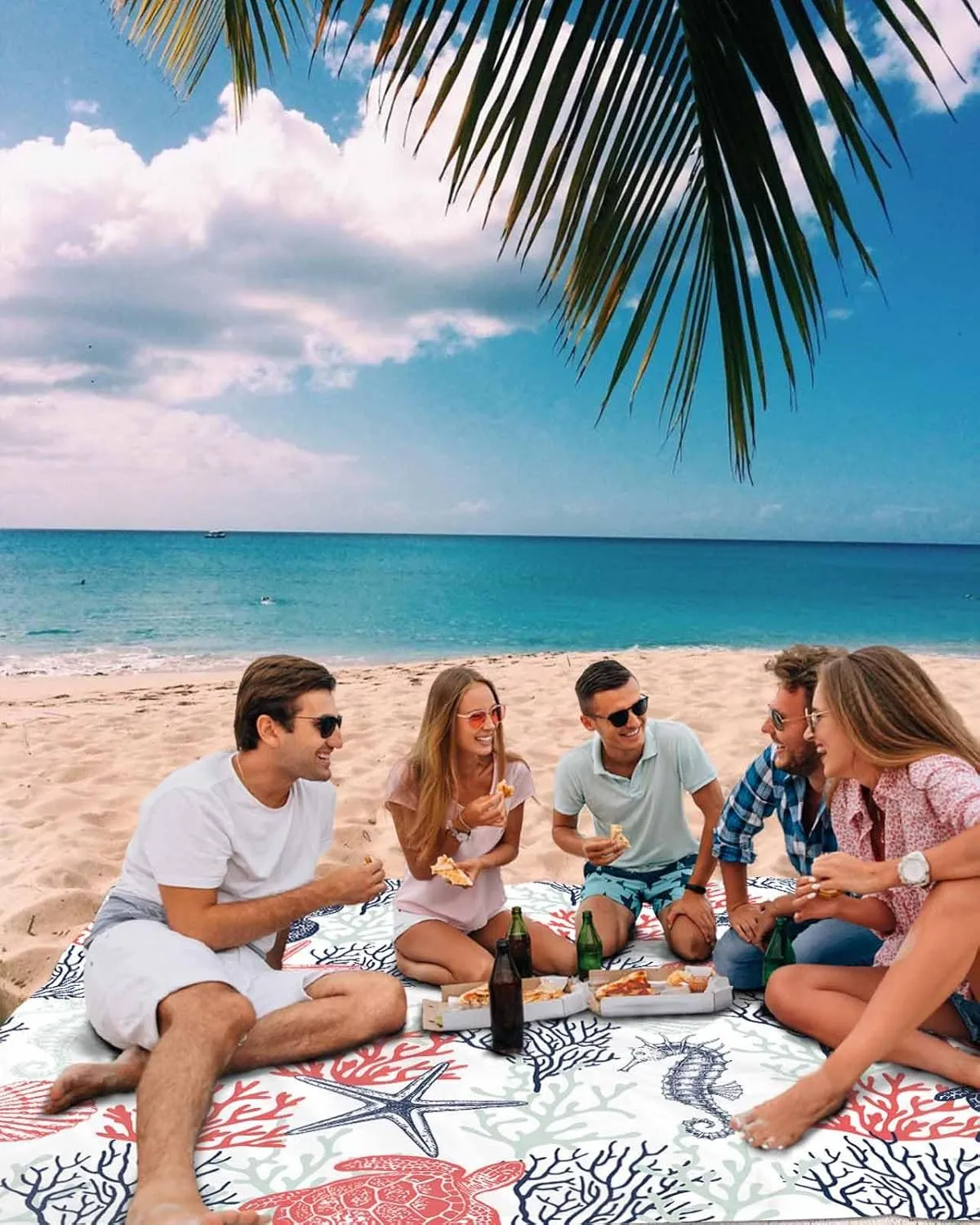 Coastal Sea Turtle Beach Blanket Large with Stakes Waterproof Sandproof Beach Mat with Corner Pockets for Outdoor Travel Camping Hiking Picnic Essentials,Coastal Ocean Coral Shell Seahorse 95"x80"