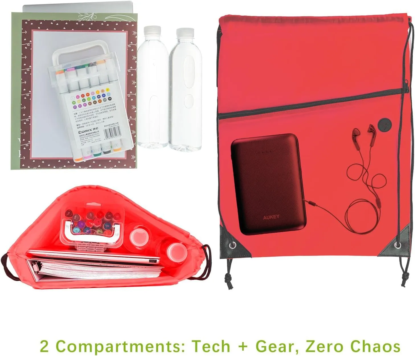 CODOBON Lightweight Drawstring Backpack with 2 Compartments – Holds 14" Laptop & Shoes | Foldable to Phone Size, Zip Pocket with Cable Port | Economical for Gym, Travel, Men Women (20, Red)
