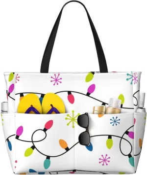 Colorful Christmas Bulbs And Snowflakes Beach Bag Women Tote Bag Pool Bag With Zipper For Gym Grocery Travel With Wet Pocket
