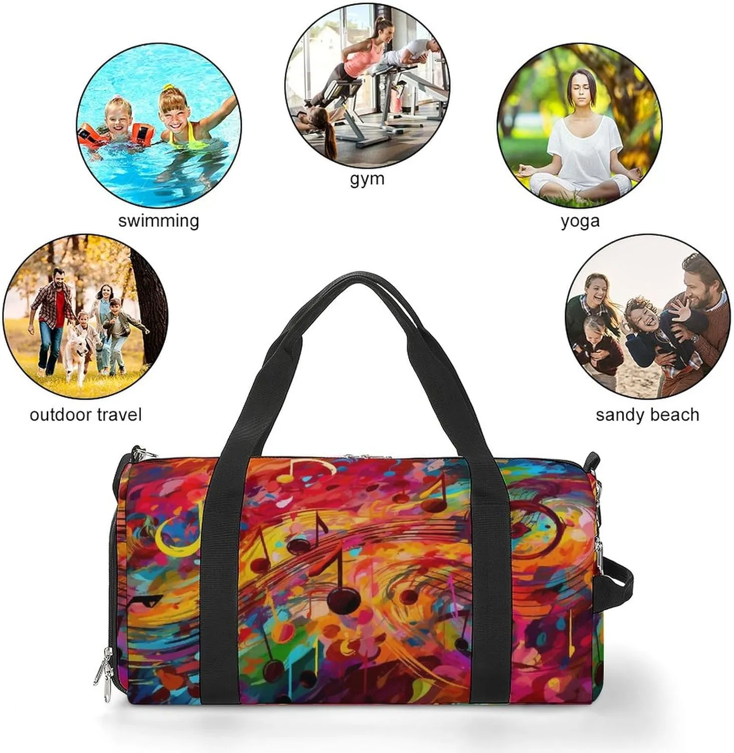 Colorful Music Notation Sports Tote Gym Bag for Women Men, Overnight Bag with Shoe Compartment Water Resistant