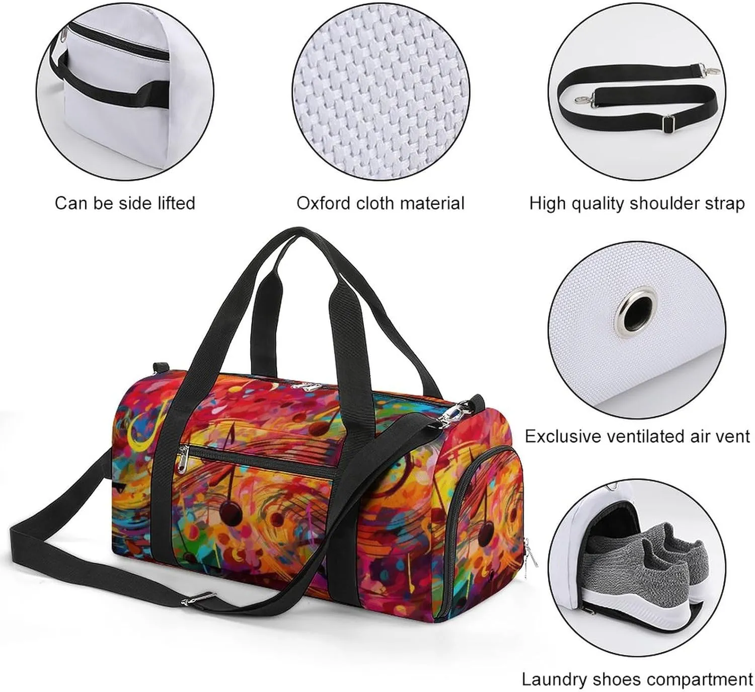 Colorful Music Notation Sports Tote Gym Bag for Women Men, Overnight Bag with Shoe Compartment Water Resistant